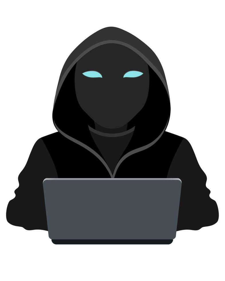 young hacker programmer it specialist coder sitting at a laptop in a sweater with a hood flat style illustration isolated on white background vector
