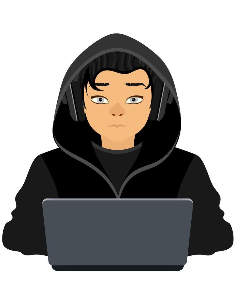 young hacker programmer it specialist coder sitting at a laptop in a sweater with a hood flat style illustration isolated on white background vector