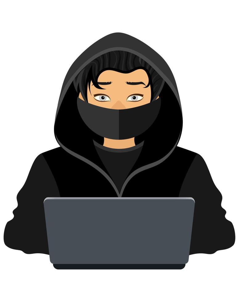 young hacker programmer it specialist coder sitting at a laptop in a sweater with a hood flat style illustration isolated on white background vector
