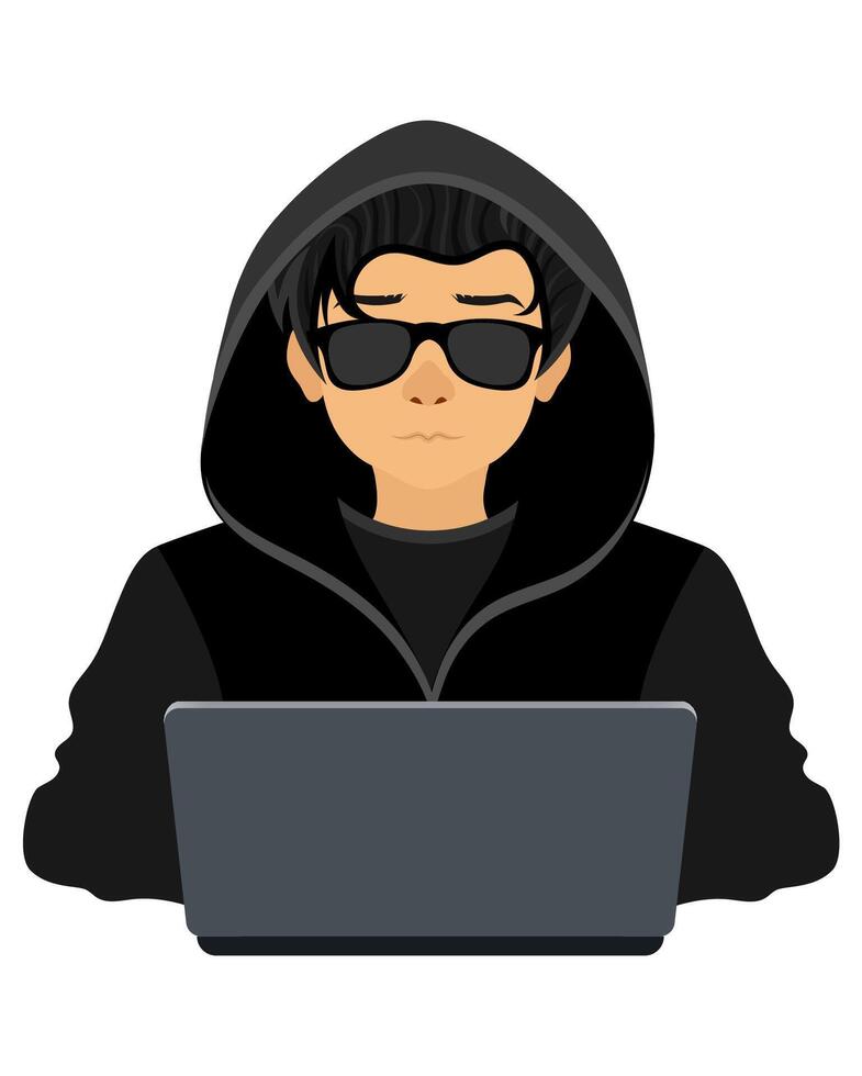 young hacker programmer it specialist coder sitting at a laptop in a sweater with a hood flat style illustration isolated on white background vector