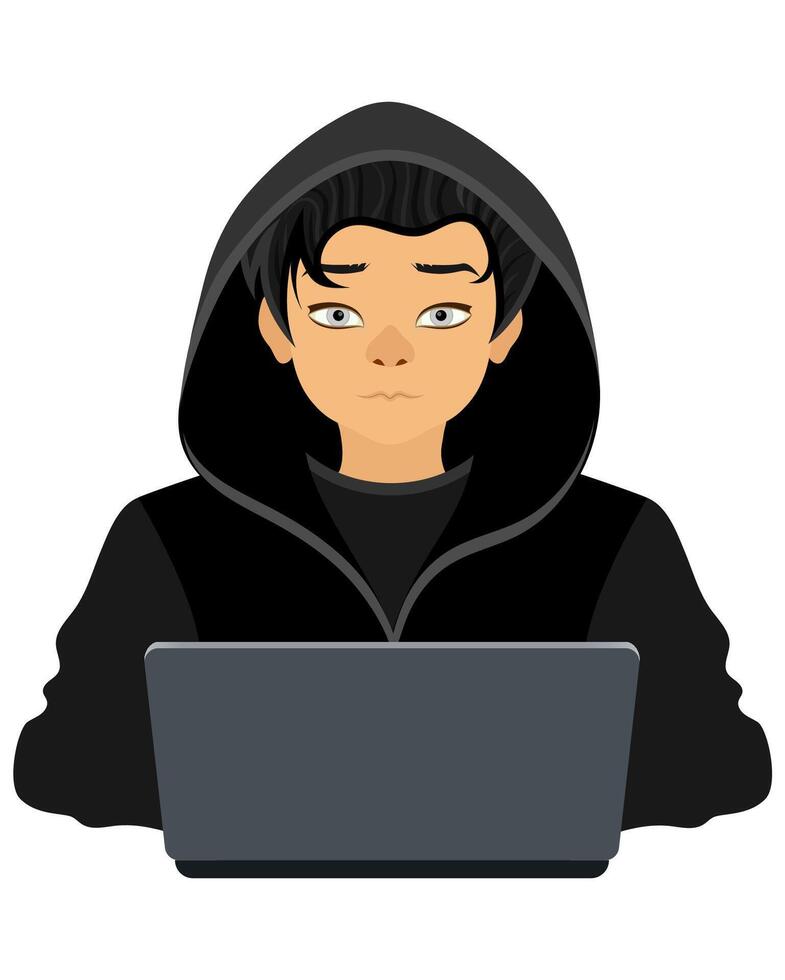 young hacker programmer it specialist coder sitting at a laptop in a sweater with a hood flat style illustration isolated on white background vector