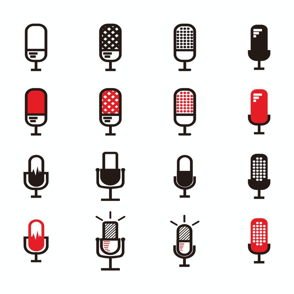 black and red microphone set or podcast set icon - flat cartoon style illustration vector