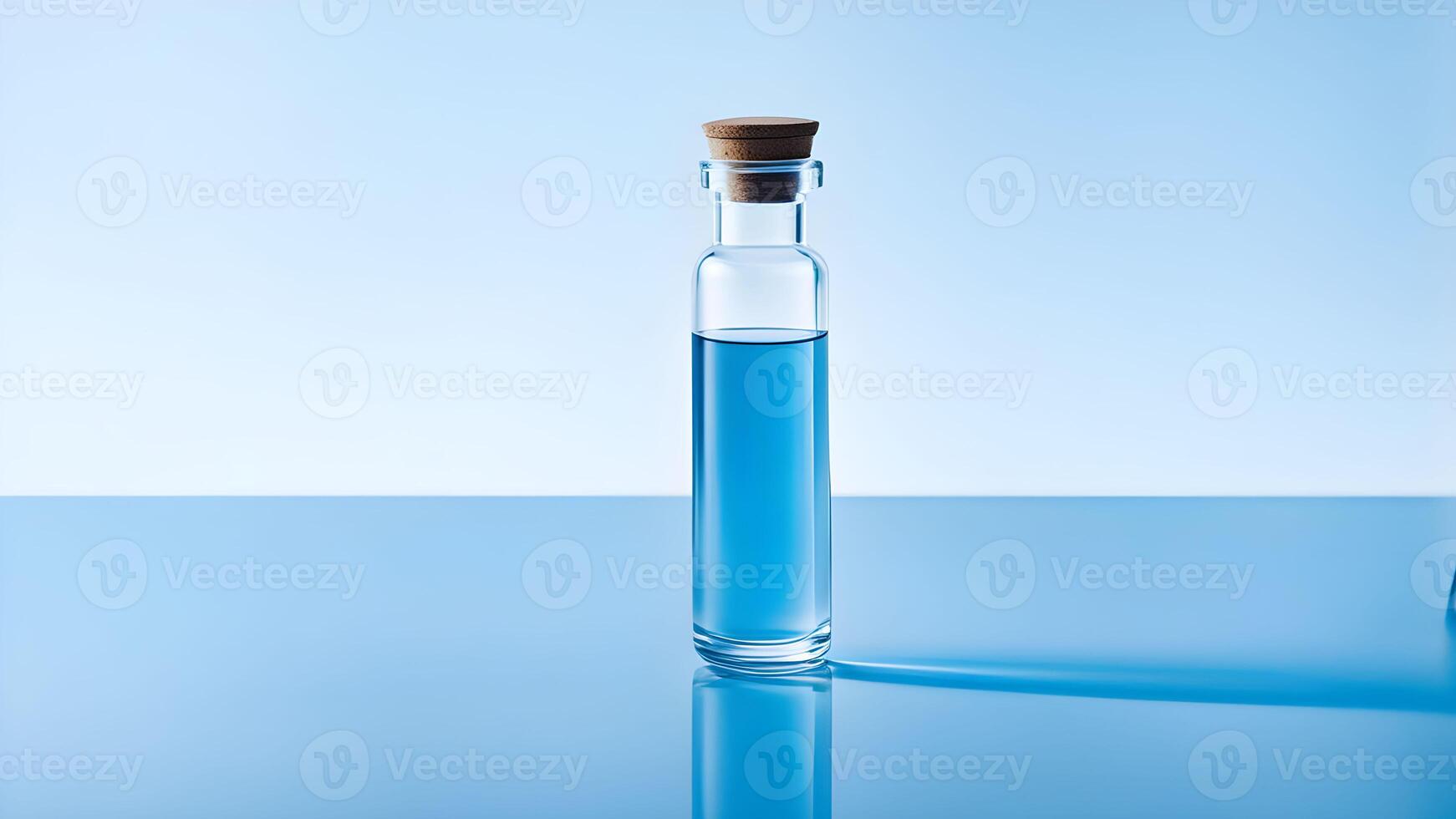 blue glass bottle with liquid, a minimalist composition featuring a single glass vial with a clear liquid and a precise label photo