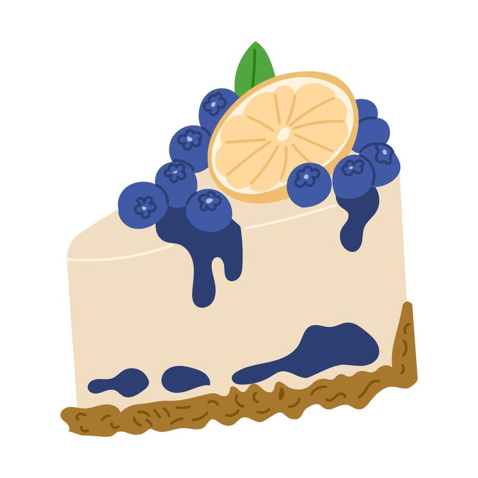 Piece of cheesecake with blueberry and slice of lemon in flat style. Flat birthday illustrations isolated on white background. Good for decoration, sticker and logo. Birthday concept vector