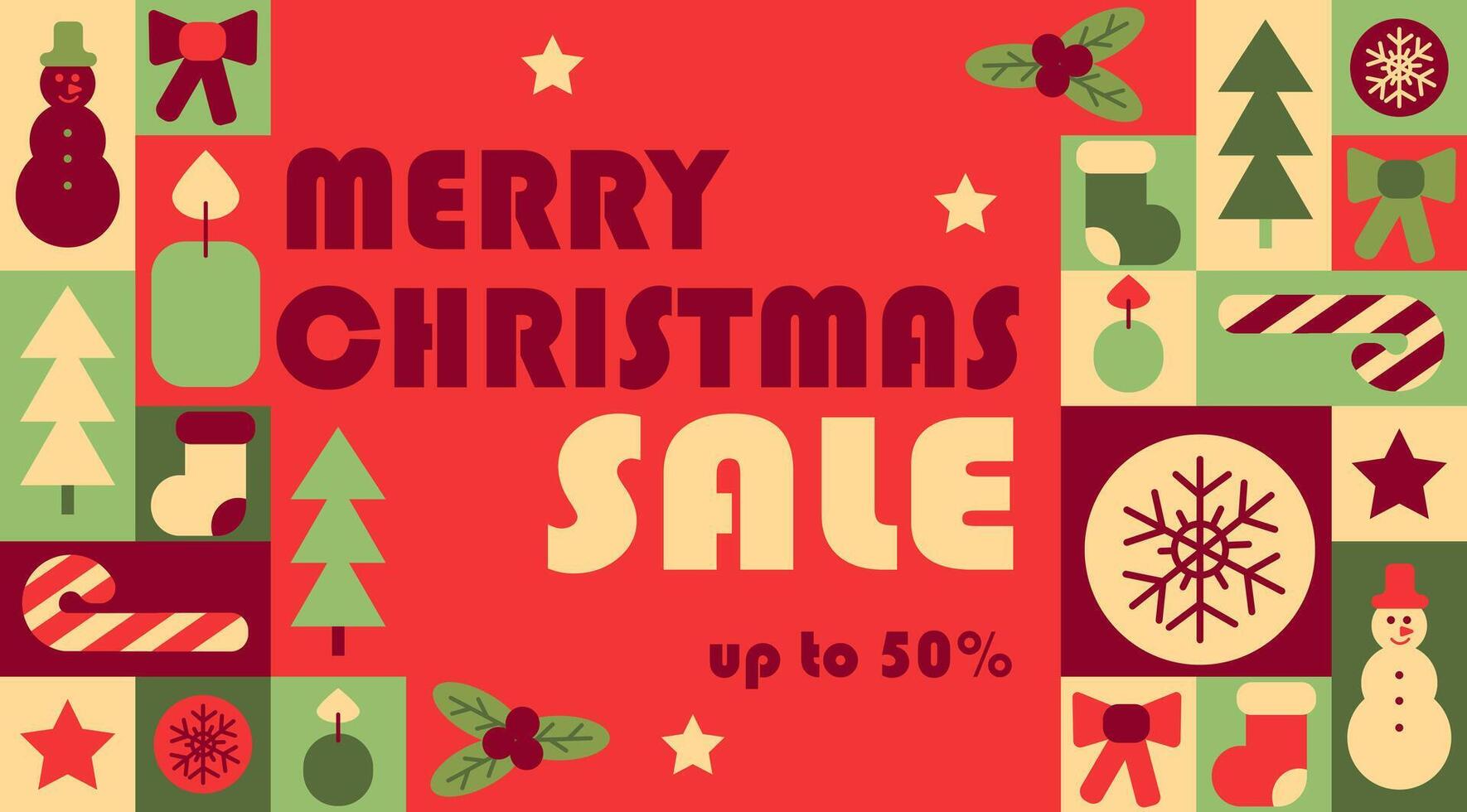 Merry Christmas sale abstract contrast horizontal banner in geometric style. Related elements to winter holidays in simple geometric shapes, flat style. Good for advertisement and trading vector