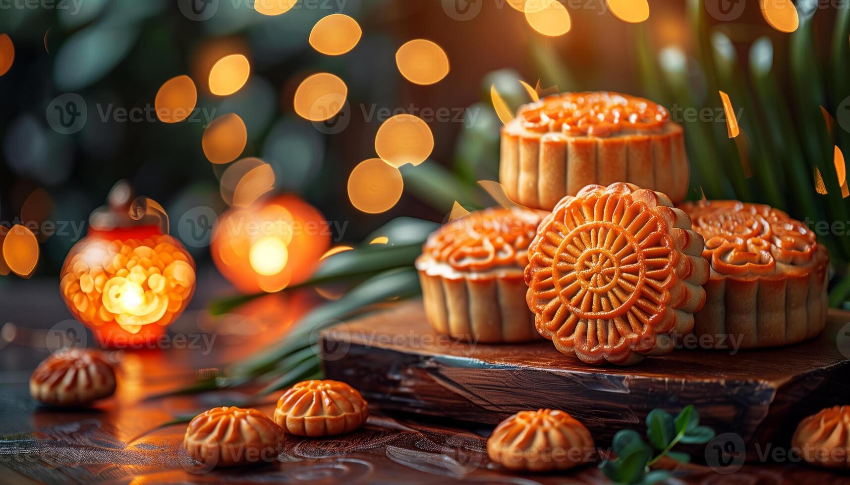 Scrumptious mooncakes arranged beautifully on a wooden table with a lantern in the background, photo