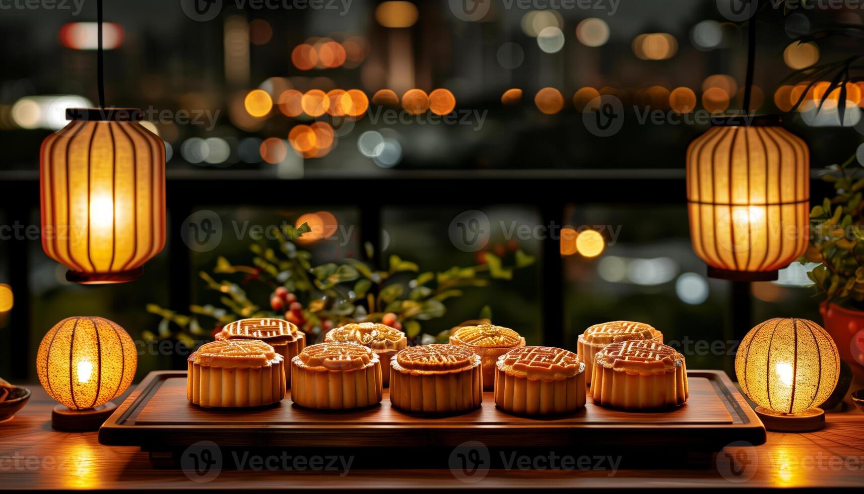 Traditional Chinese Mid-Autumn Festival mooncakes with intricate patterns displayed on a wooden table against a blurred cityscape at night photo