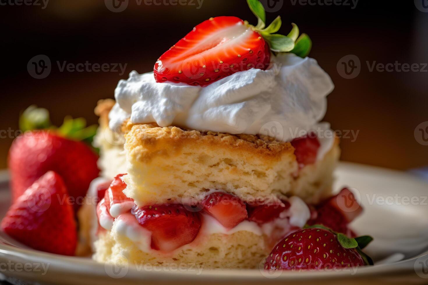 strawberry shortcake with fresh strawberries and whipped cream piled high on top. photo