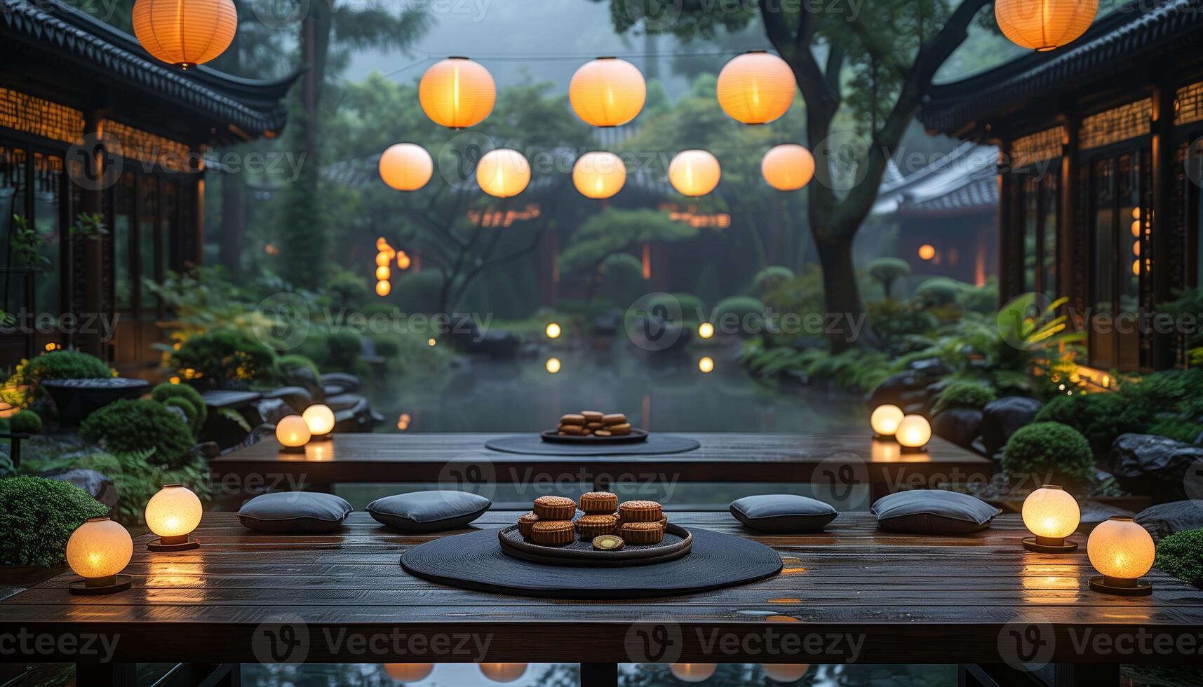 Tranquil Courtyard with Floating Lanterns and Mooncakes photo