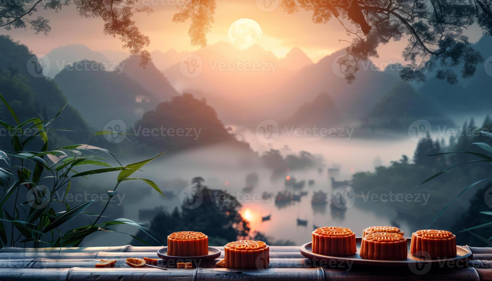 Mooncakes on a bamboo table overlooking a misty mountain landscape with a full moon photo