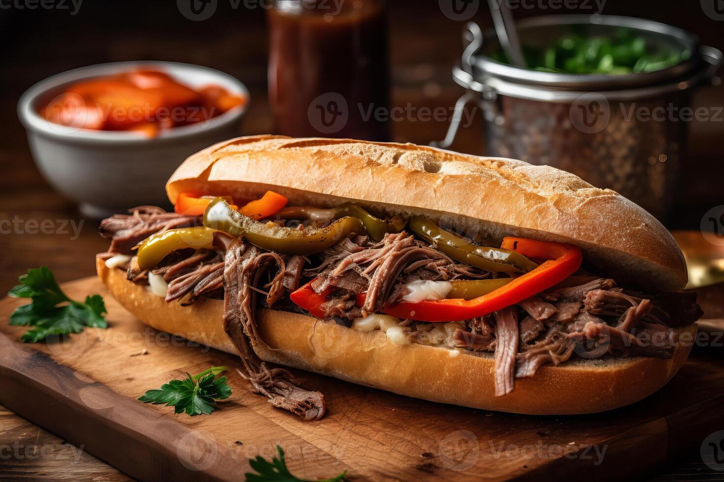 classic Chicago style Italian beef sandwich, with slow cooked, juicy beef piled high on a soft roll. photo