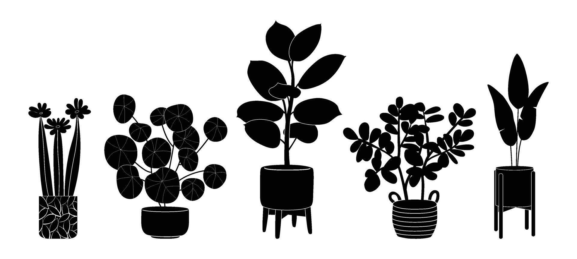 Potted plants silhouette icon set. Black color indoor houseplants in flowerpots. Botanical floral elements in pots for home decor. Flat monochrome illustration isolated on white background. vector