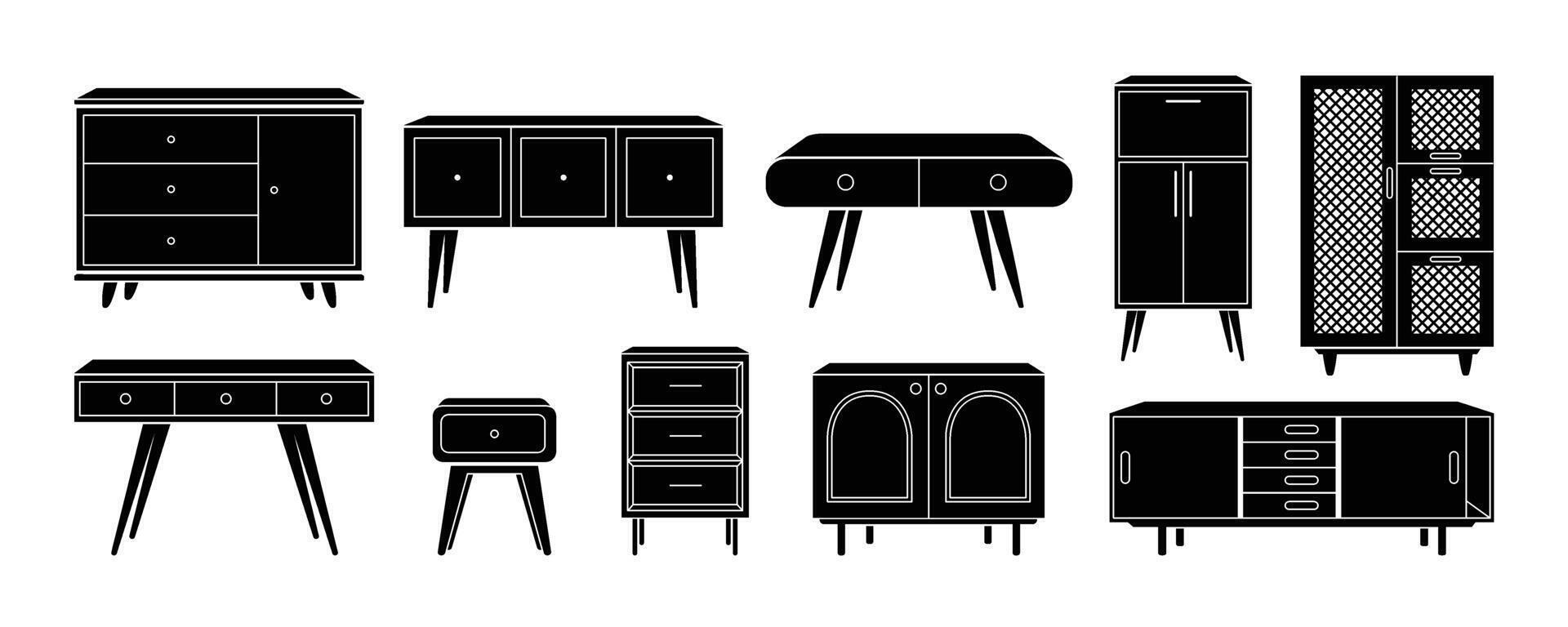 Chest of drawers and nightstand silhouette icon set. TV stands, commodes, dressers trendy storage furniture for home design interior. Flat monochrome illustration isolated on white background. vector