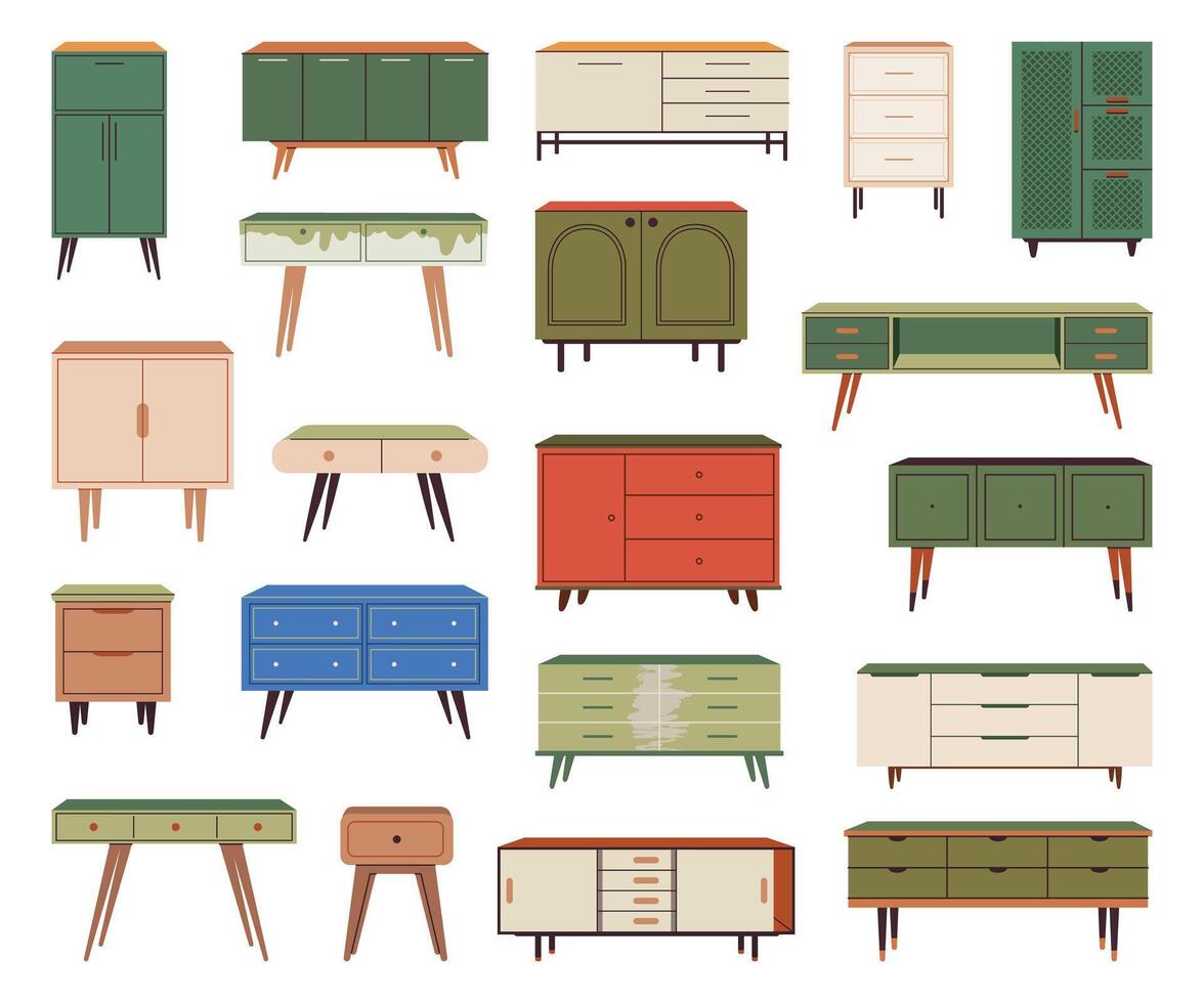 Chest of drawers, bedside tables set. TV stands, commodes, and other trendy storage furniture in scandinavian style for design interior. Flat illustration isolated on white background. vector