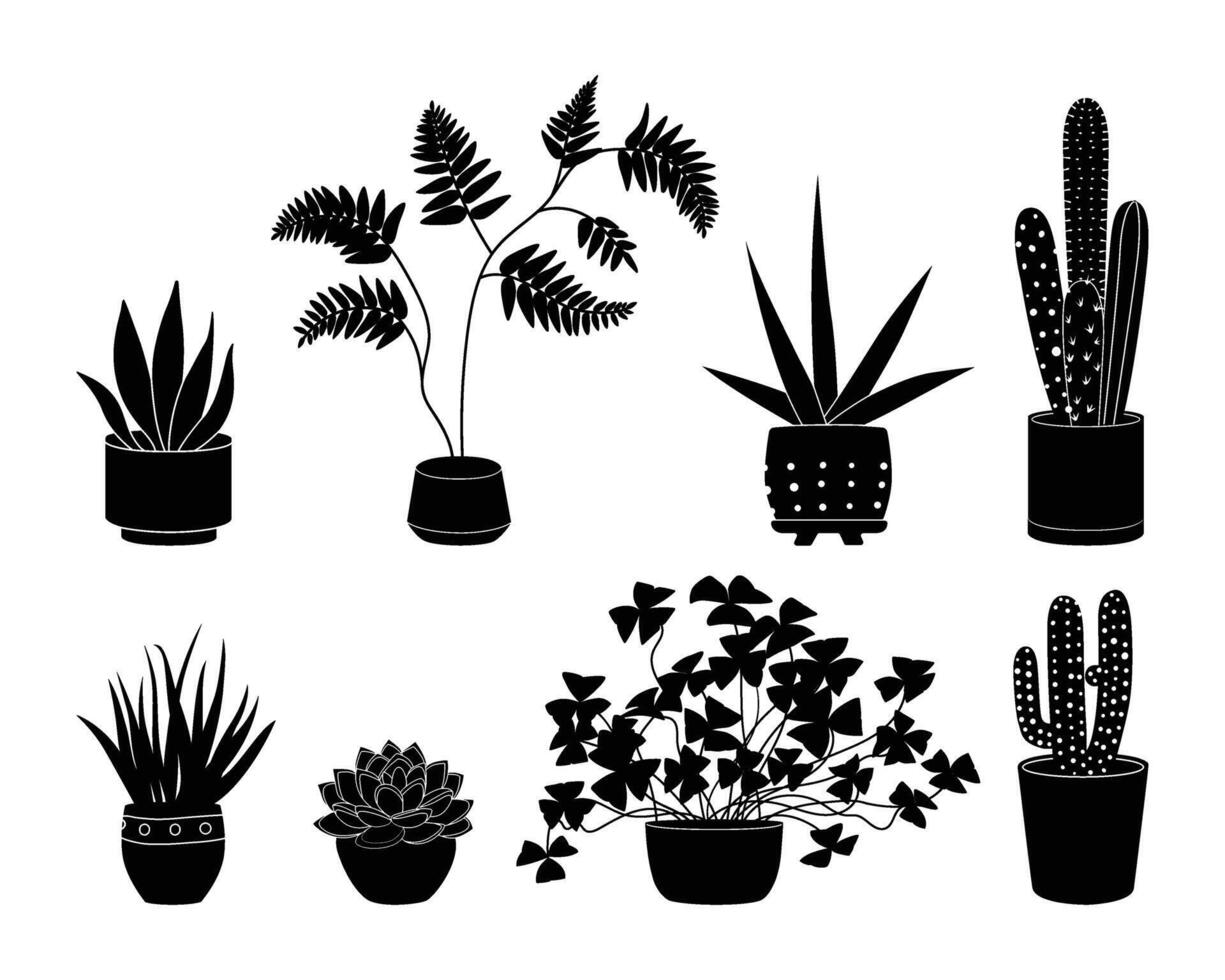 Potted plants silhouette icon set. Black color indoor houseplants in flowerpots. Botanical floral elements in pots for home decor. Flat monochrome illustration isolated on white background. vector