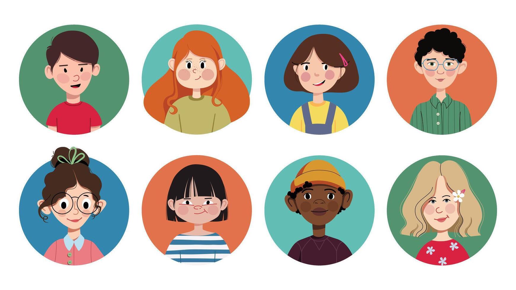 Cute children avatars, head portrait set. smiling kids. Diverse school child characters, excited joyful boys and girls of different race. Flat illustration isolated on white background. vector