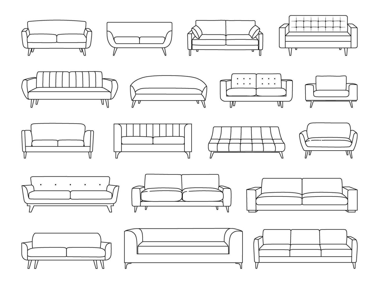 Sofa and armchair outline icon set. Linear couch collection. Line art illustration of soft furniture for living room design. illustration isolated on white background. vector