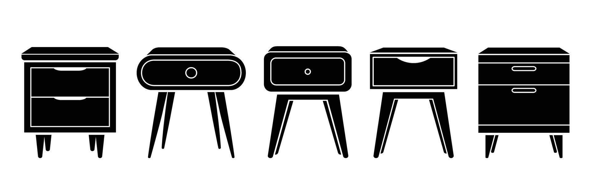 Bedside tables silhouette icon set. Illustration of nightstands and chest of drawers furniture for bedroom home interior. Monochrome flat illustration isolated on a white background. vector