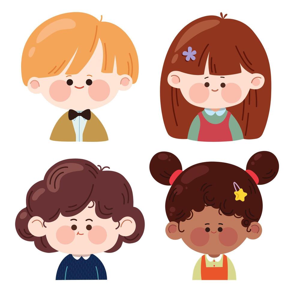 Set of diverse children's avatars. Smiling faces of little kid boys and girls of different ethnicities. Cartoon characters. illustration isolated on a white background. vector