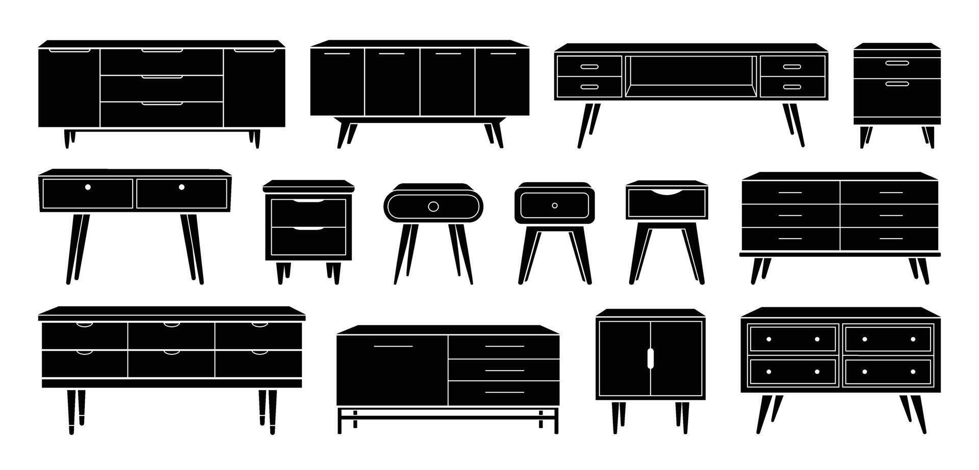 Chest of drawers and nightstand silhouette icon set. TV stands, commodes, dressers trendy storage furniture for home design interior. Flat monochrome illustration isolated on white background. vector