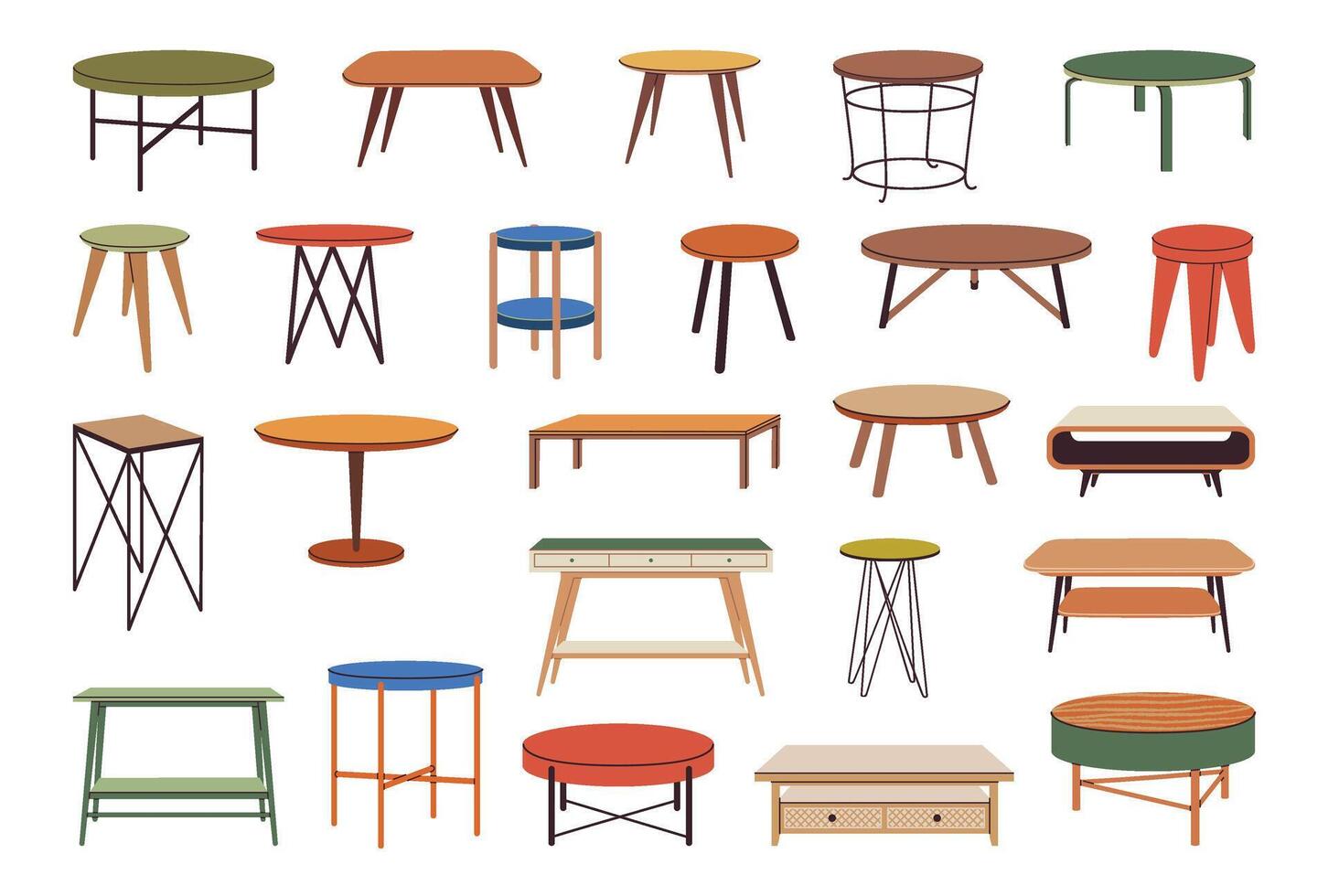 Set of scandinavian tables. Coffee tables home decor furniture. Round and rectangular, wooden and metal living room modern tables. Cartoon flat illustration isolated on white. vector