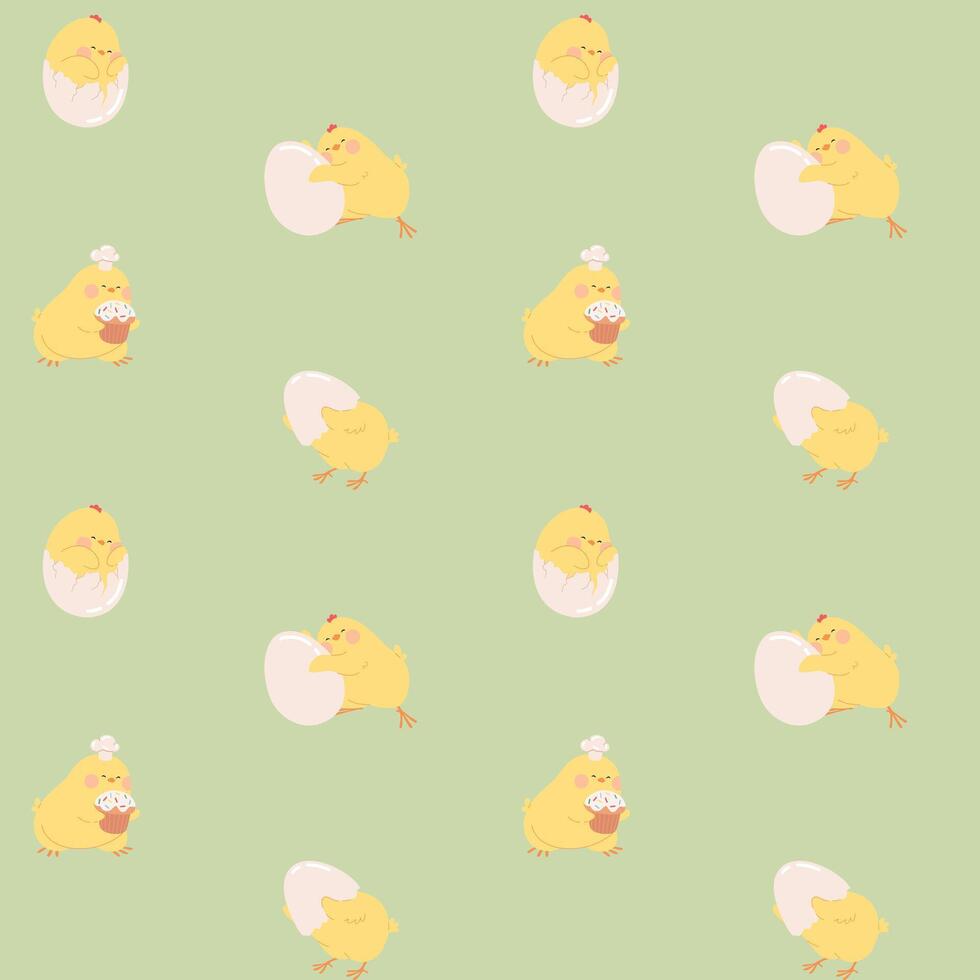 Seamless pattern with cute cartoon chicken characters. Yellow chicks hatched from eggs on a green background for easter card, wrapping paper decor, wallpapers, Birthday card, package, fabric. vector