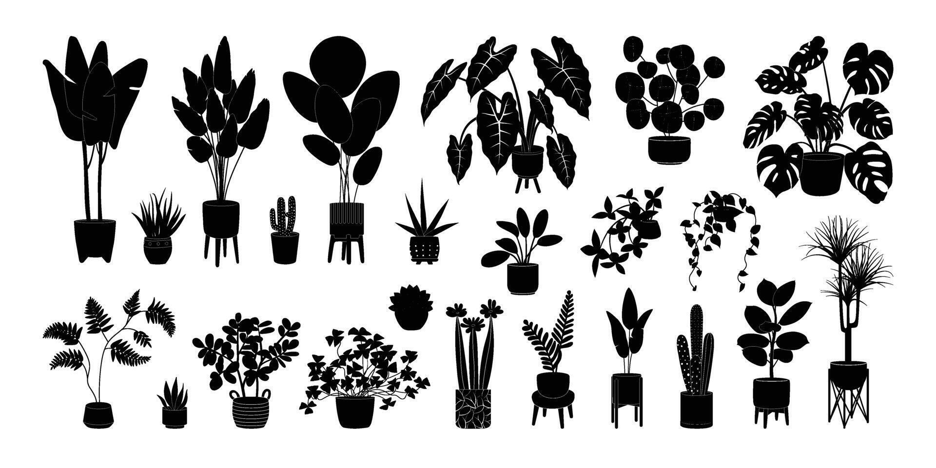 Potted plants silhouette icon set. Black color indoor houseplants in flowerpots. Botanical floral elements in pots for home decor. Flat monochrome illustration isolated on white background. vector
