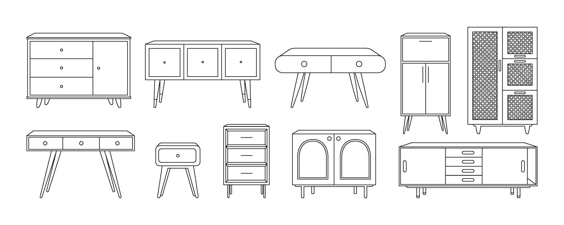 Chest of drawers, bedside tables outline icon set. Linear illustration of TV stand, dresser, and other storage furniture for design interior. Line art illustration isolated on white background. vector
