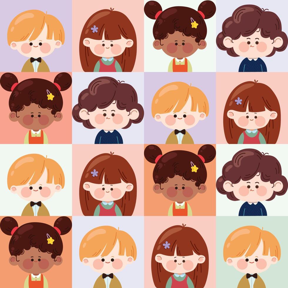 Seamless pattern with cute kids' faces. Childish Kawaii background with diverse children's characters for nursery decor, wrapping paper, wallpaper, greeting cards, and banners. illustration. vector