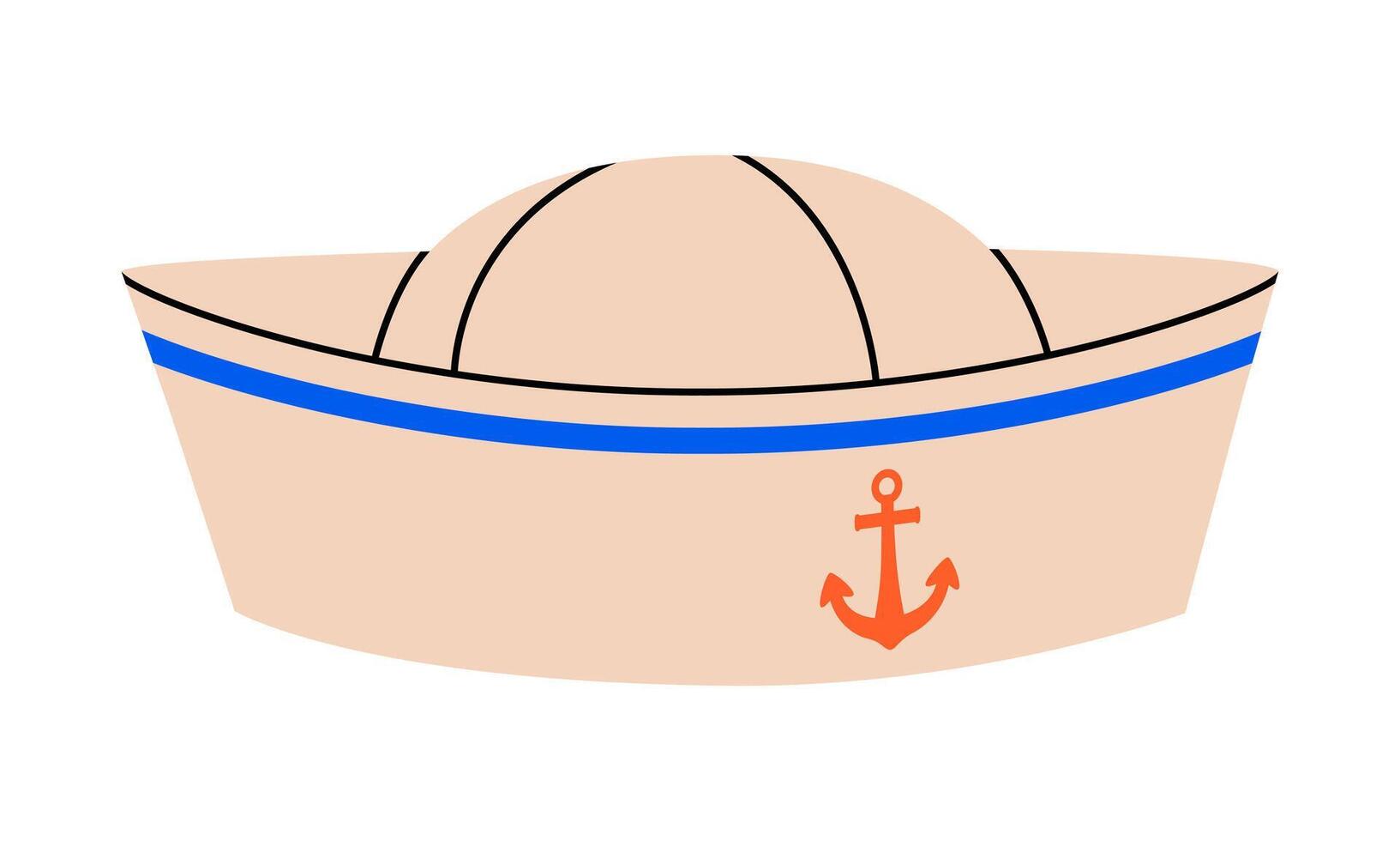 Hand drawn cute cartoon illustration sailor hat with anchor. Flat marine uniform cap doodle style. Head wear for ship or boat seaman icon or print. Vacation or holiday summer costume. Isolated. vector