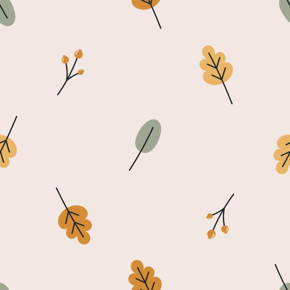 Seamless pattern with autumn leaves and berries. For fabric, wrapping, cards, textile, wallpaper, apparel. Isolated cartoon illustration in flat style on white background. vector