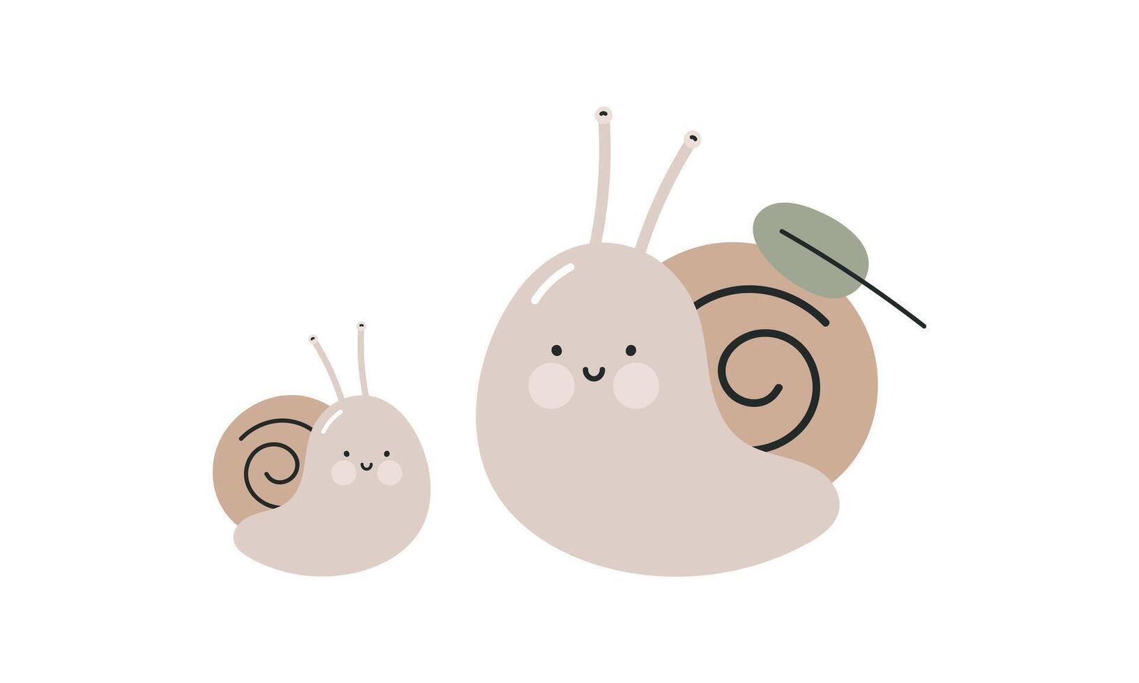Cute snail with baby. Flat cartoon illustration isolated on white background. Mother's Day card. vector