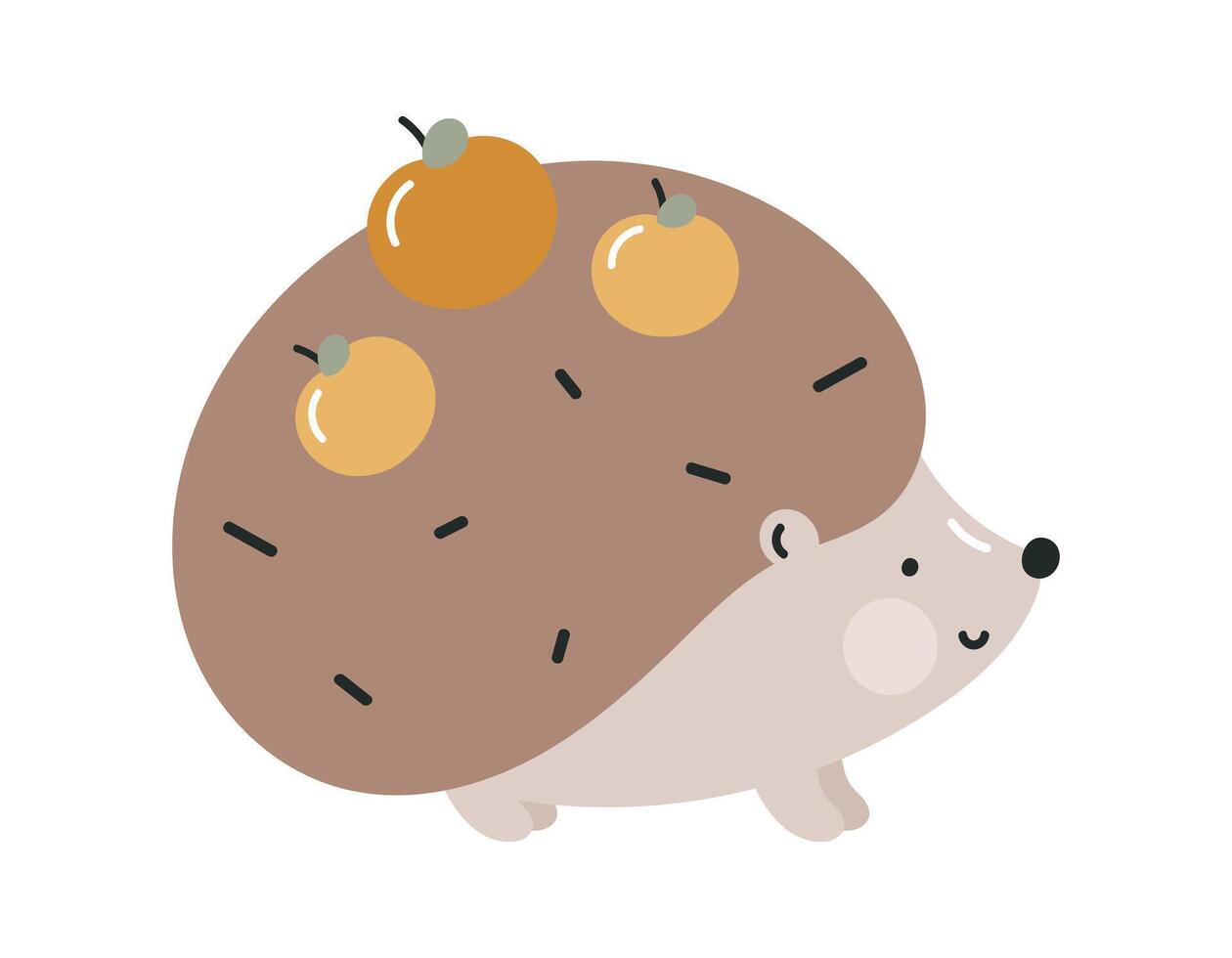 Cute hedgehog with apples. Flat cartoon illustration isolated on white background. For card, posters, banners, printing on the pack, printing on clothes, fabric, wallpaper, textile or dishes. vector