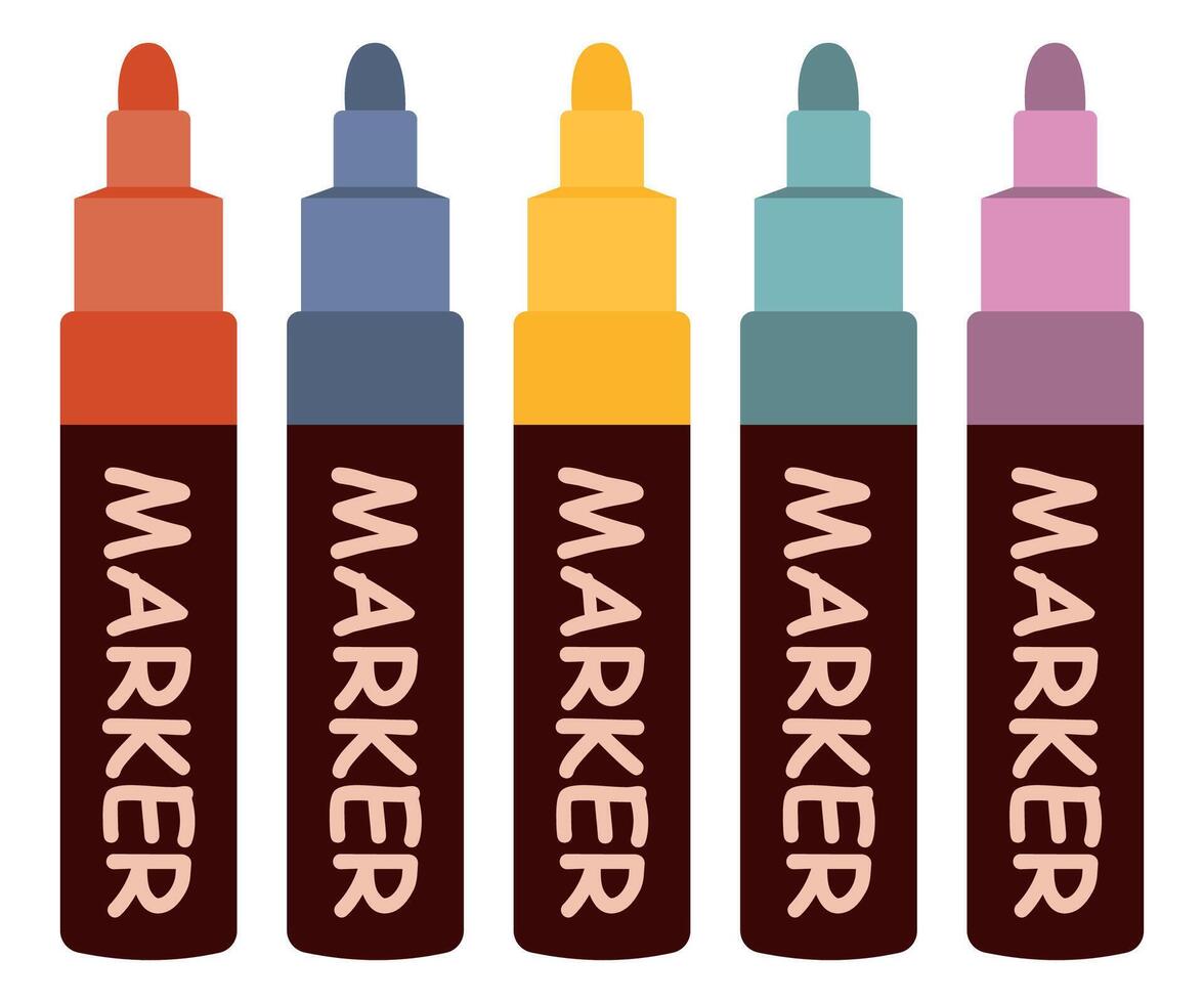 Colorful marker pens set. Children and artist pencils. Kids vivid painting tools, various color palette. Office highlighters design elements. Back to school vector
