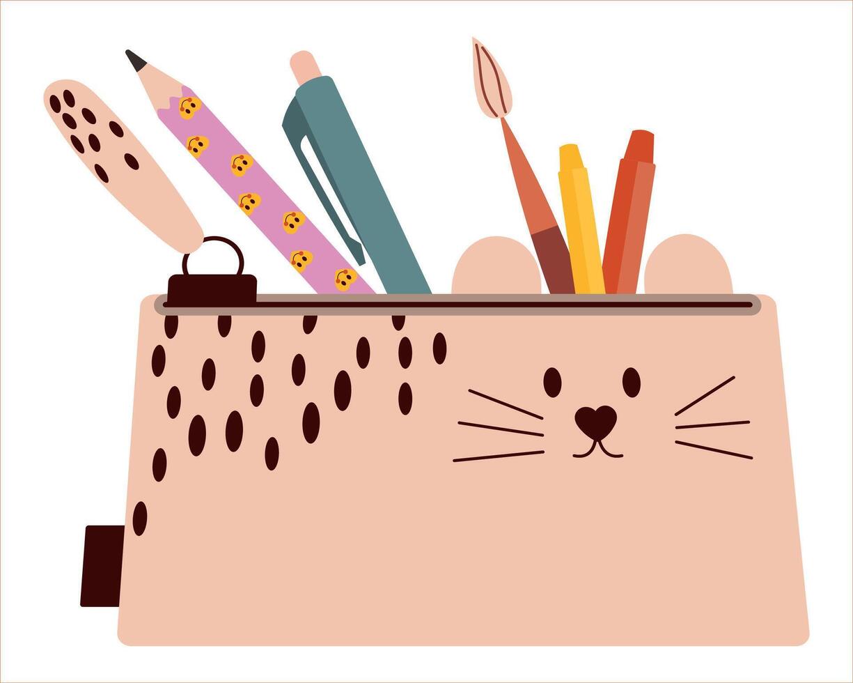 Cute school pencil case filled with stationery pencils, brushes. Illustration of school supplies. Suitable for stickers and poster design, banners. vector