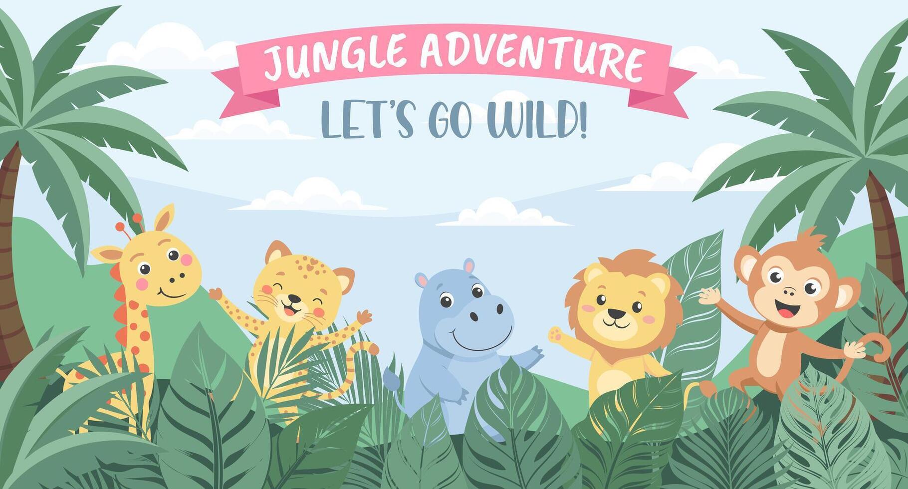 Jungle Adventure zoo. Childrens animals, safari background. Cute animals in the jungle. Illustration in flat style, invitation, postcard vector