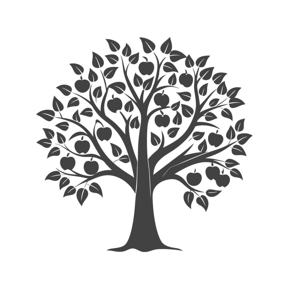 Silhouette of a fruit tree with apples isolated on a white background. Black and white illustration, sketch, design element vector