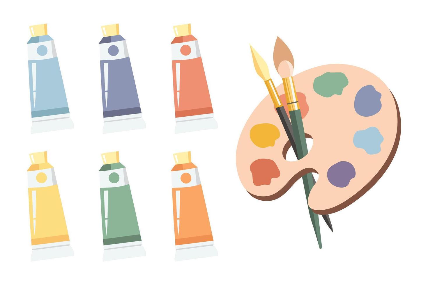 A palette with paints of different colors, brushes and a set of tubes with acrylic paints. Art supplies, accessories for creativity and hobbies. Poster, illustration vector