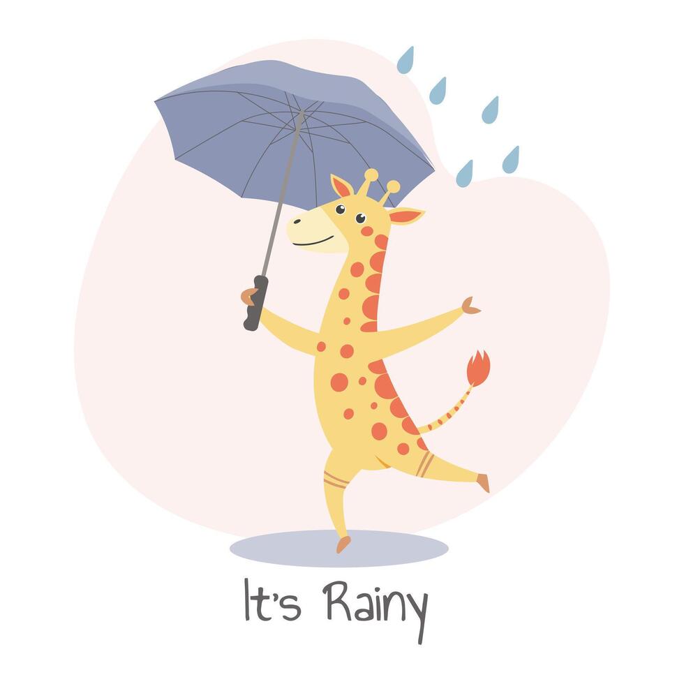 Cute cheerful giraffe with an umbrella in the rain. Autumn children's illustration, print, card vector