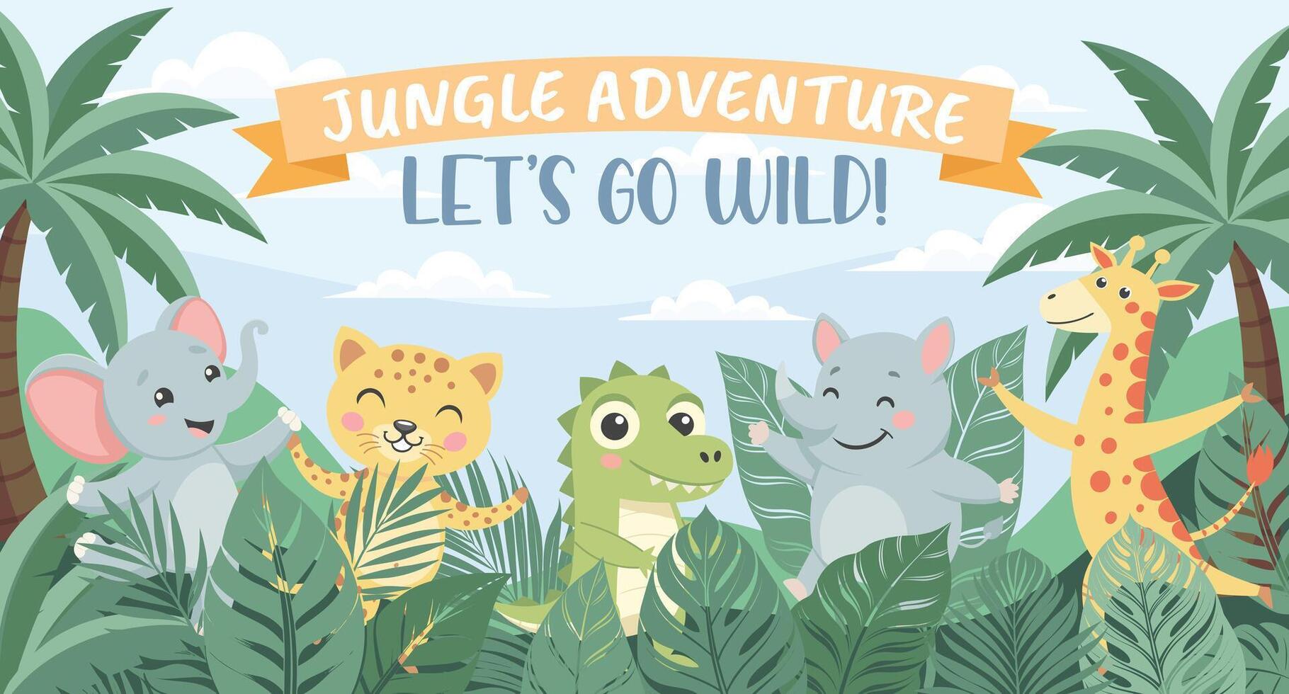 Jungle Adventure zoo. Childrens animals, safari background. Cute animals in the jungle. Illustration in flat style, invitation, postcard vector