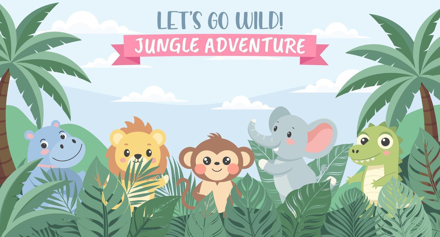 Jungle Adventure zoo. Childrens animals, safari background. Cute animals in the jungle. Illustration in flat style, invitation, postcard vector