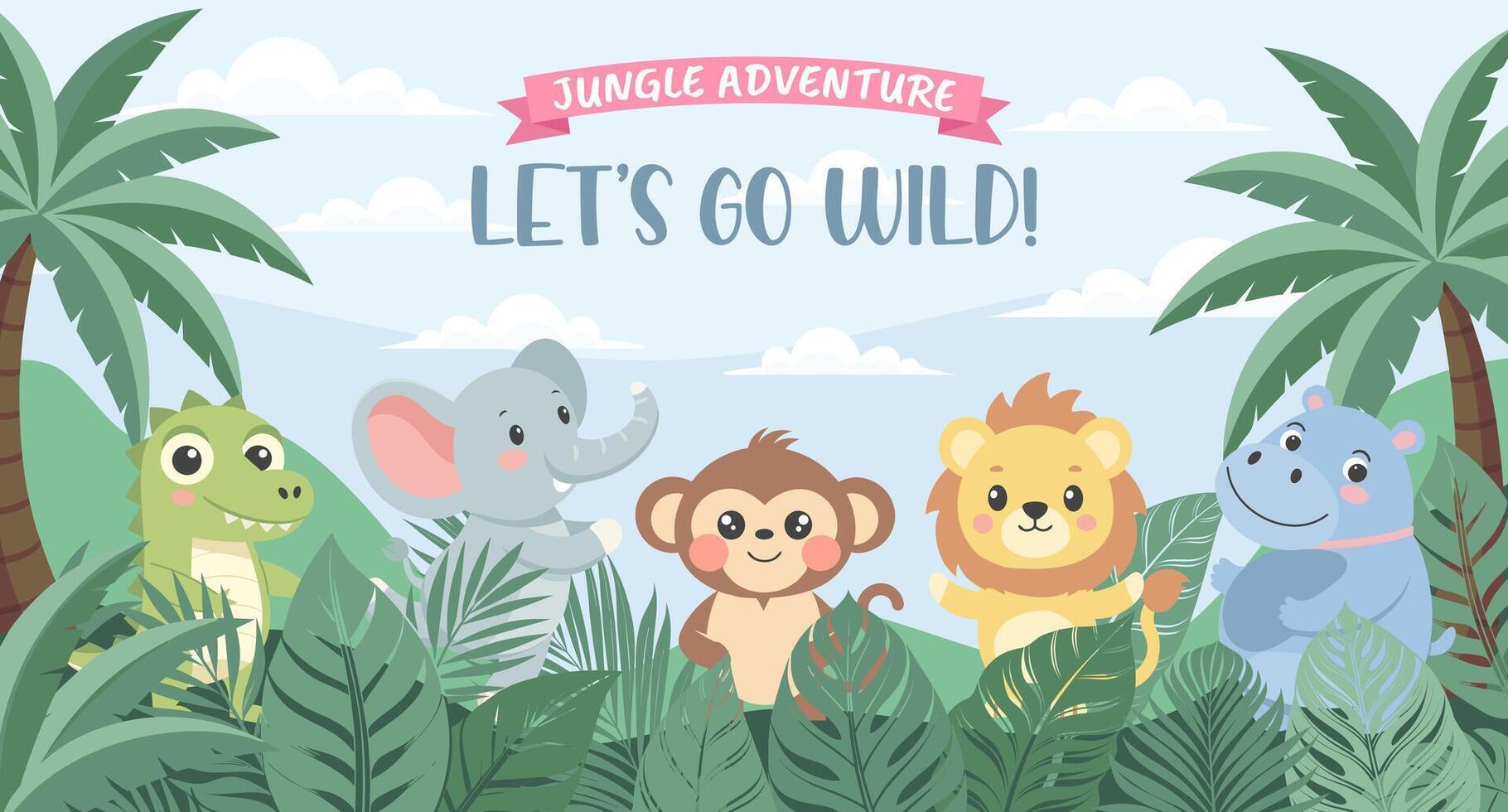 Jungle Adventure zoo. Childrens animals, safari background. Cute animals in the jungle. Illustration in flat style, invitation, postcard vector