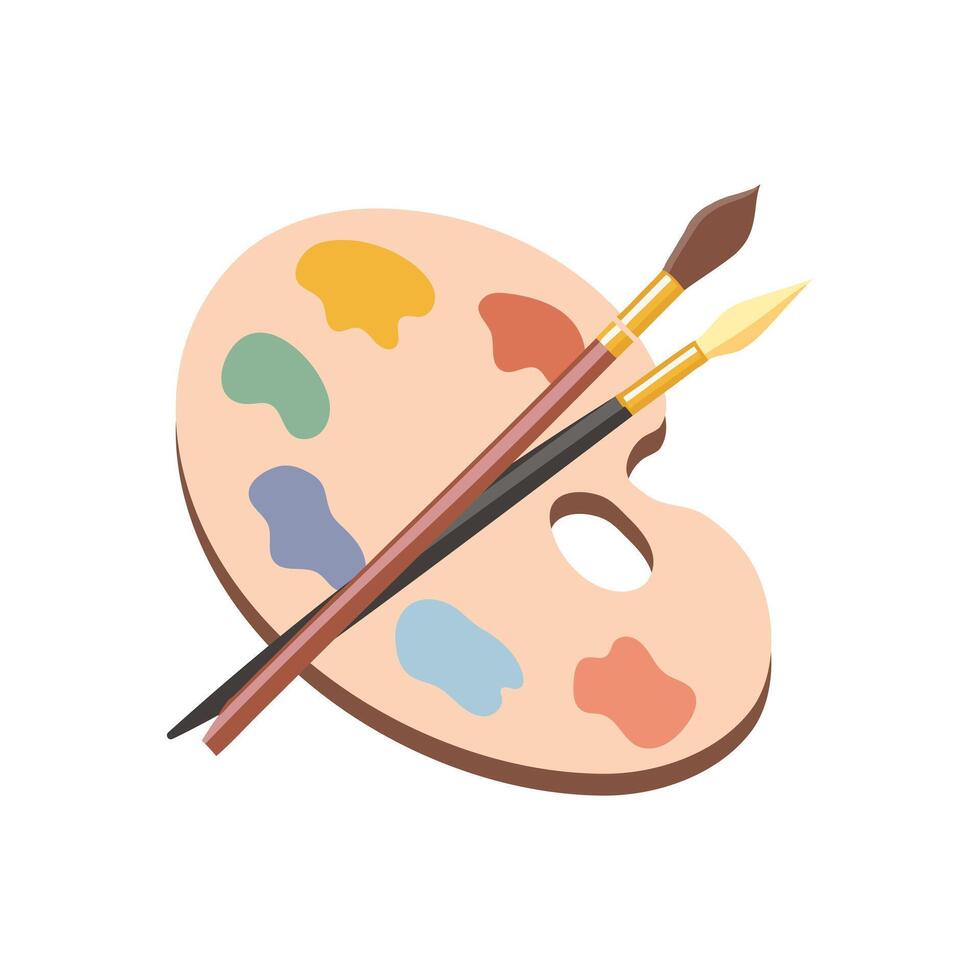 Palette with paints of different colors with brushes for painting. Top view of artist's tools isolated on white. Symbol, design element vector