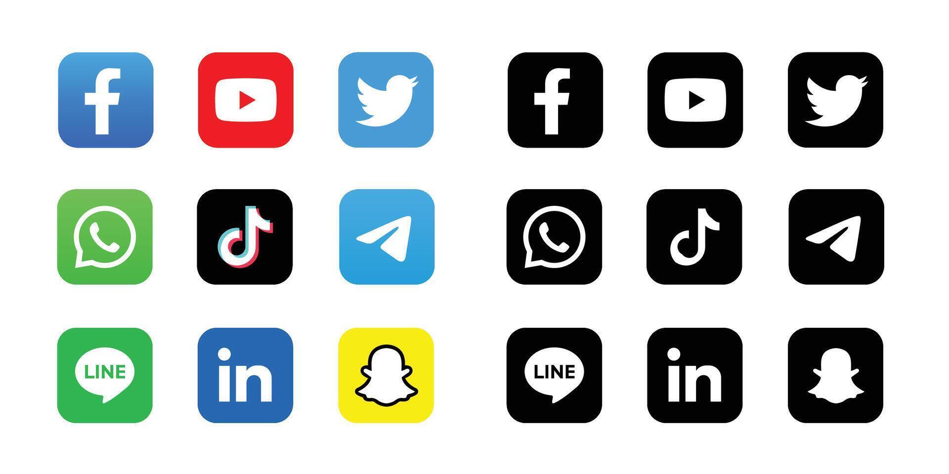A set of social media logos. Social media icons of Facebook, Instagram, YouTube, Twitter, Telegram, WhatsApp, TikTok, LinkedIn, Messenger mobile application logo set. vector