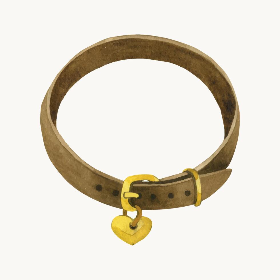 Watercolor illustration. Brown collar with gold elements, with a heart pendant. Collar for dogs and cats, hand-painted in watercolor. For printing on fabric, paper, design vector