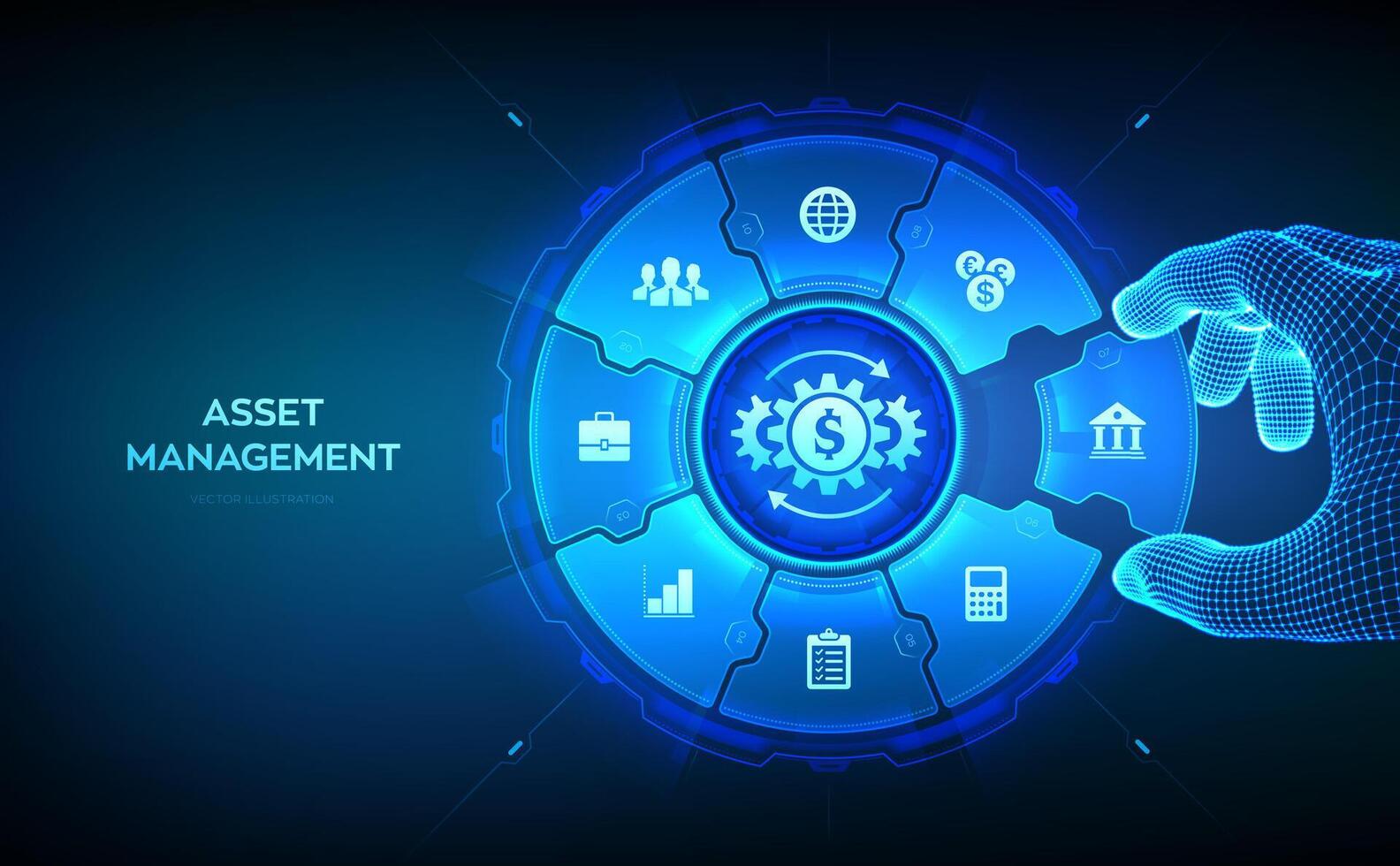 Asset management. Business investment banking payment technology concept on virutal screen. Wireframe hand places an element into a composition visualizing Asset management. illustration. vector