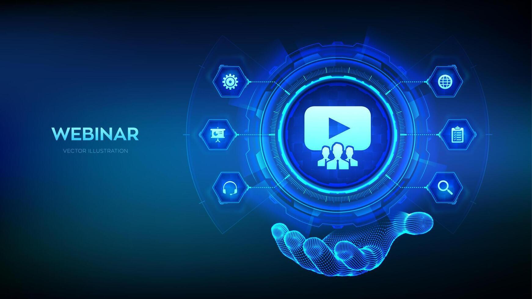 Webinar icon in wireframe hand. Internet conference. Web based seminar. Distance Learning. E-learning Training business technology Concept on virtual screen. illustration. vector