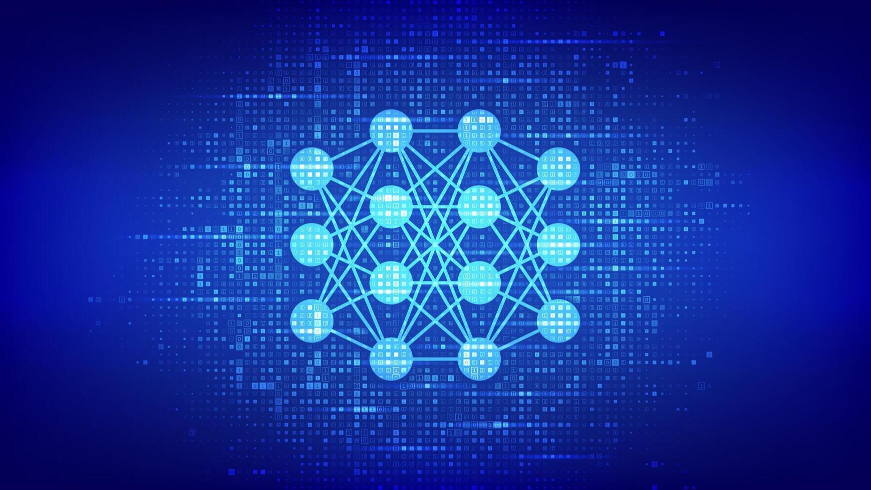 Neural network icon made with binary code. AI. Artificial Intelligence. Machine Learning. Deep learning. Big data analysis technology. Digital code background with digits 1.0. Illustration. vector