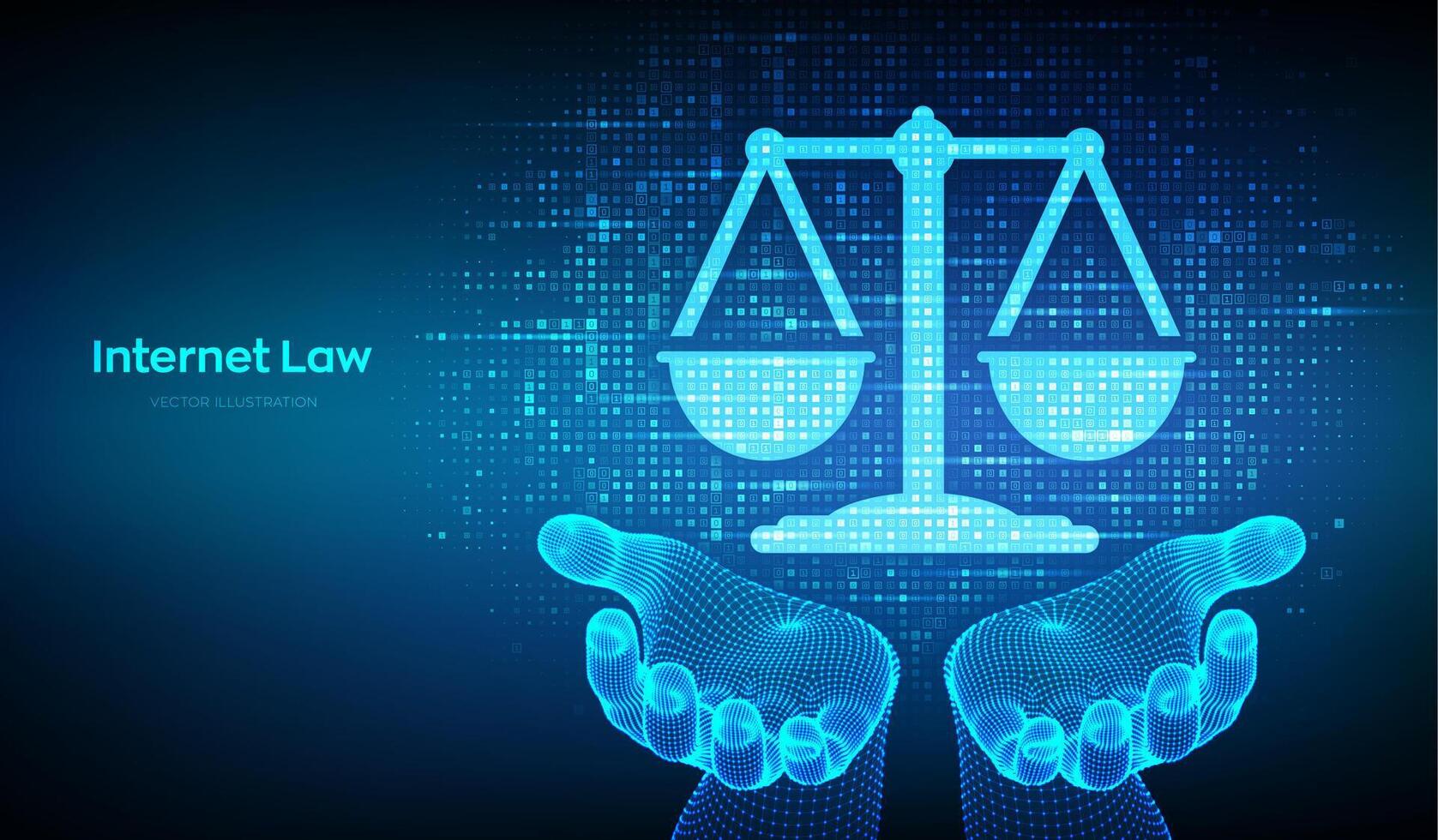 Internet law icon made with binary code in hands. Cyberlaw as digital legal services or online lawyer advice concept. Labor law, Lawyer, Attorney at law. Streaming digital code. illustration. vector
