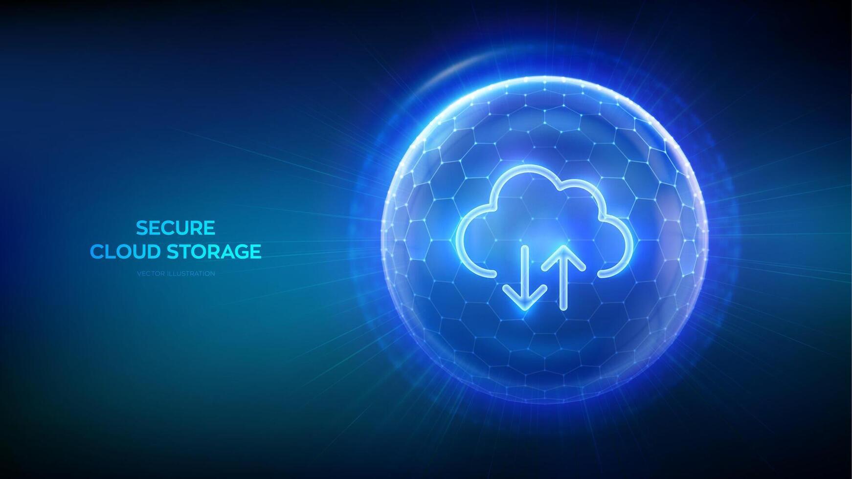 Secure Cloud Storage. Cloud icon inside transparent protection sphere shield with hexagon pattern on blue background. Cloud computing. Database storage, Data center protection. illustration. vector